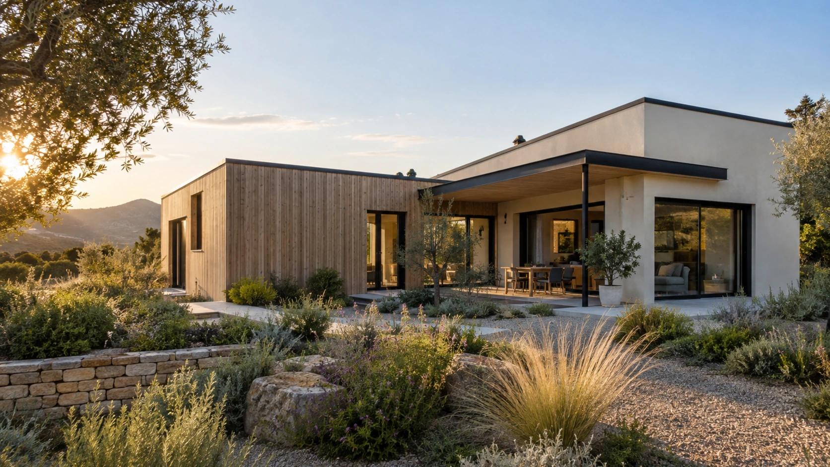 Maison d’architecte contemporaine en enduit à la chaux et bardage bois : illustration d’inspiration