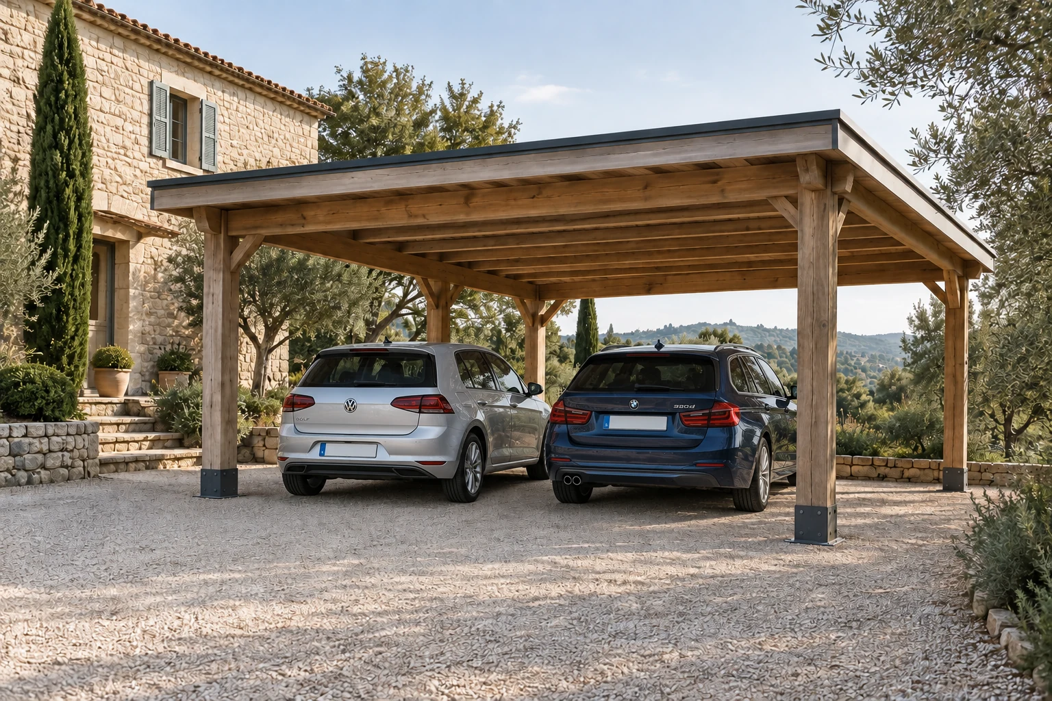 Le même carport avec deux voitures
