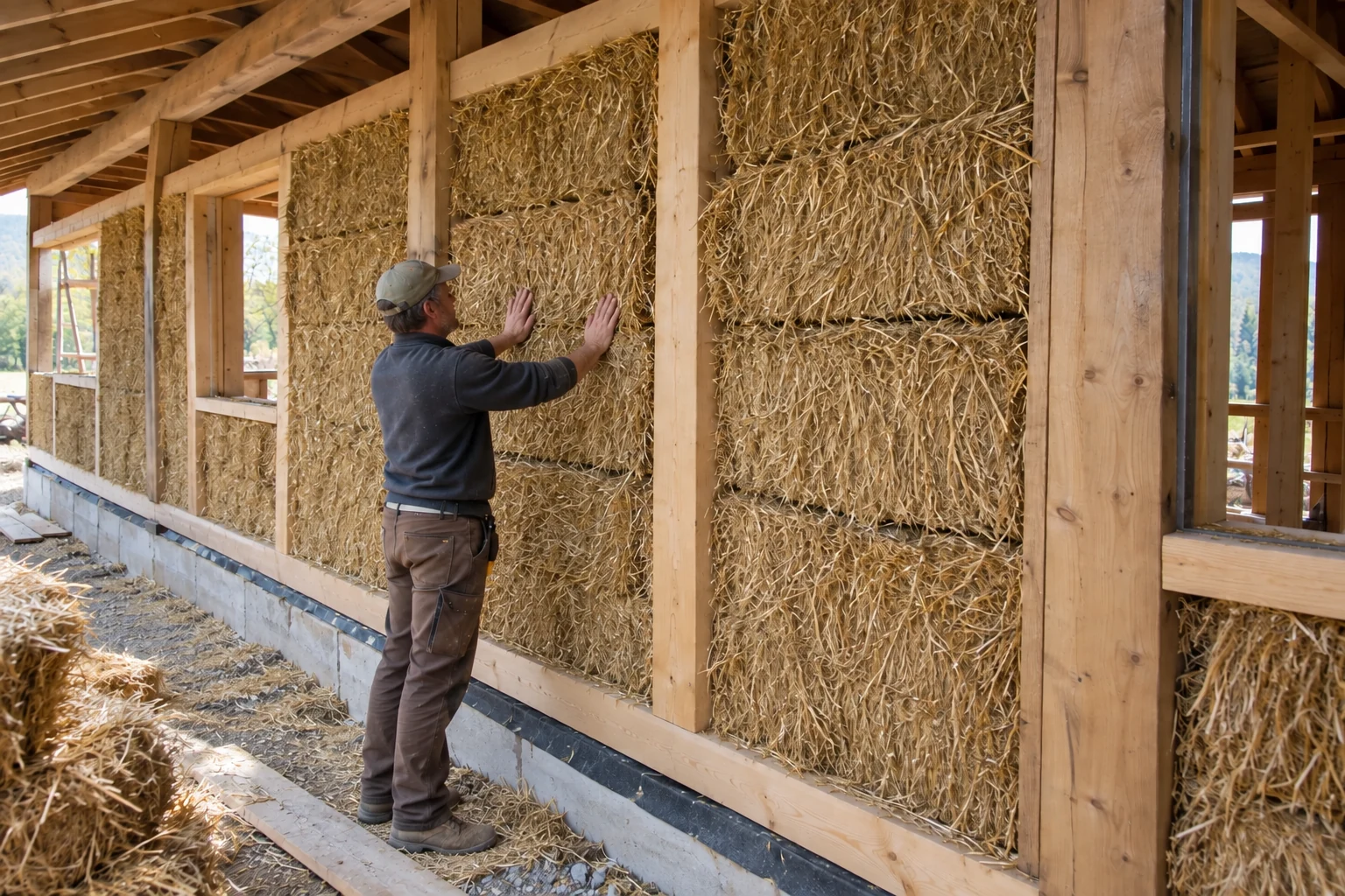 Pose de bottes de paille dans une ossature bois