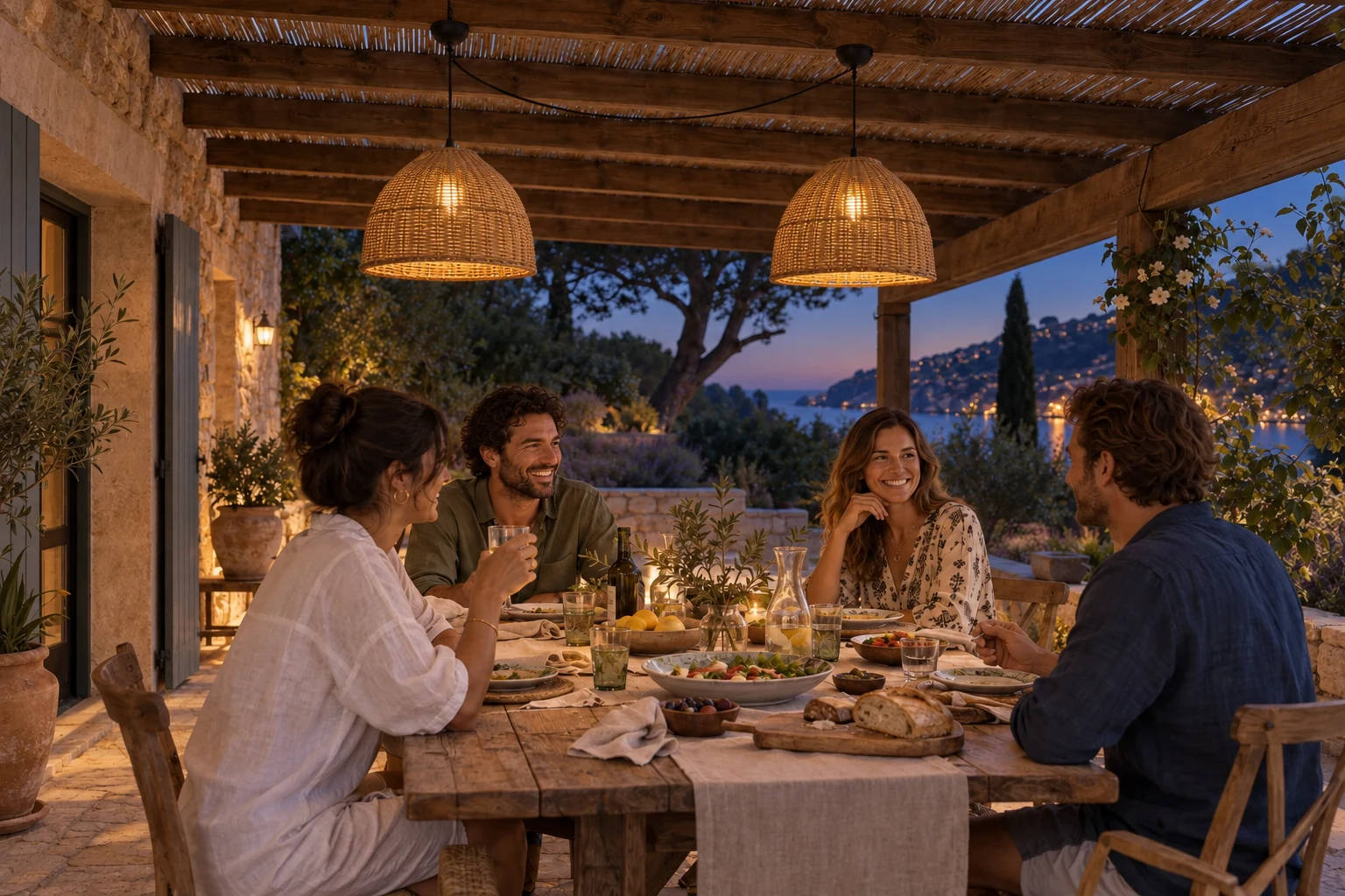 Repas sous une pergola éclairée à la tombée du jour