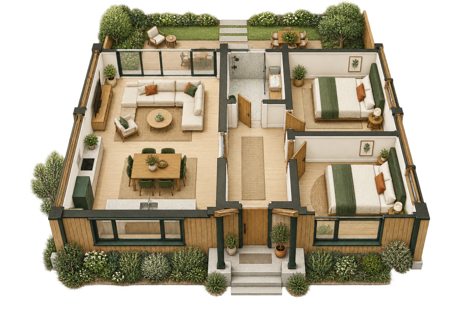 Vue architecturale en 3D : Plain-pied ouvert sur le jardin