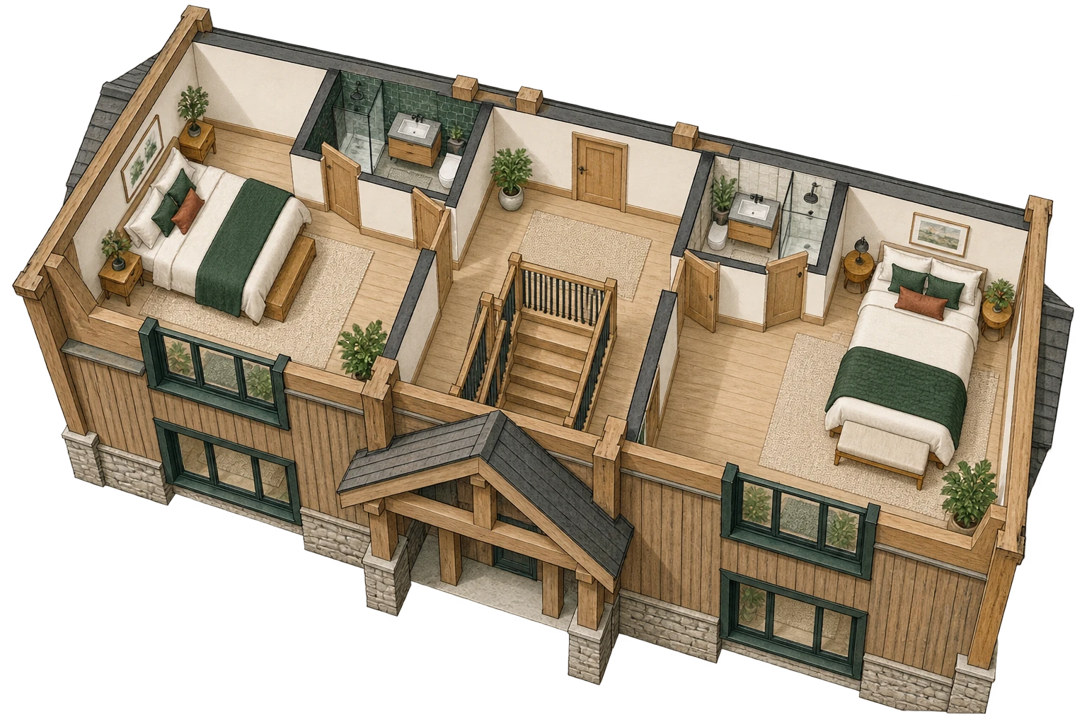 Vue architecturale en 3D : Pièces de nuit à l’étage