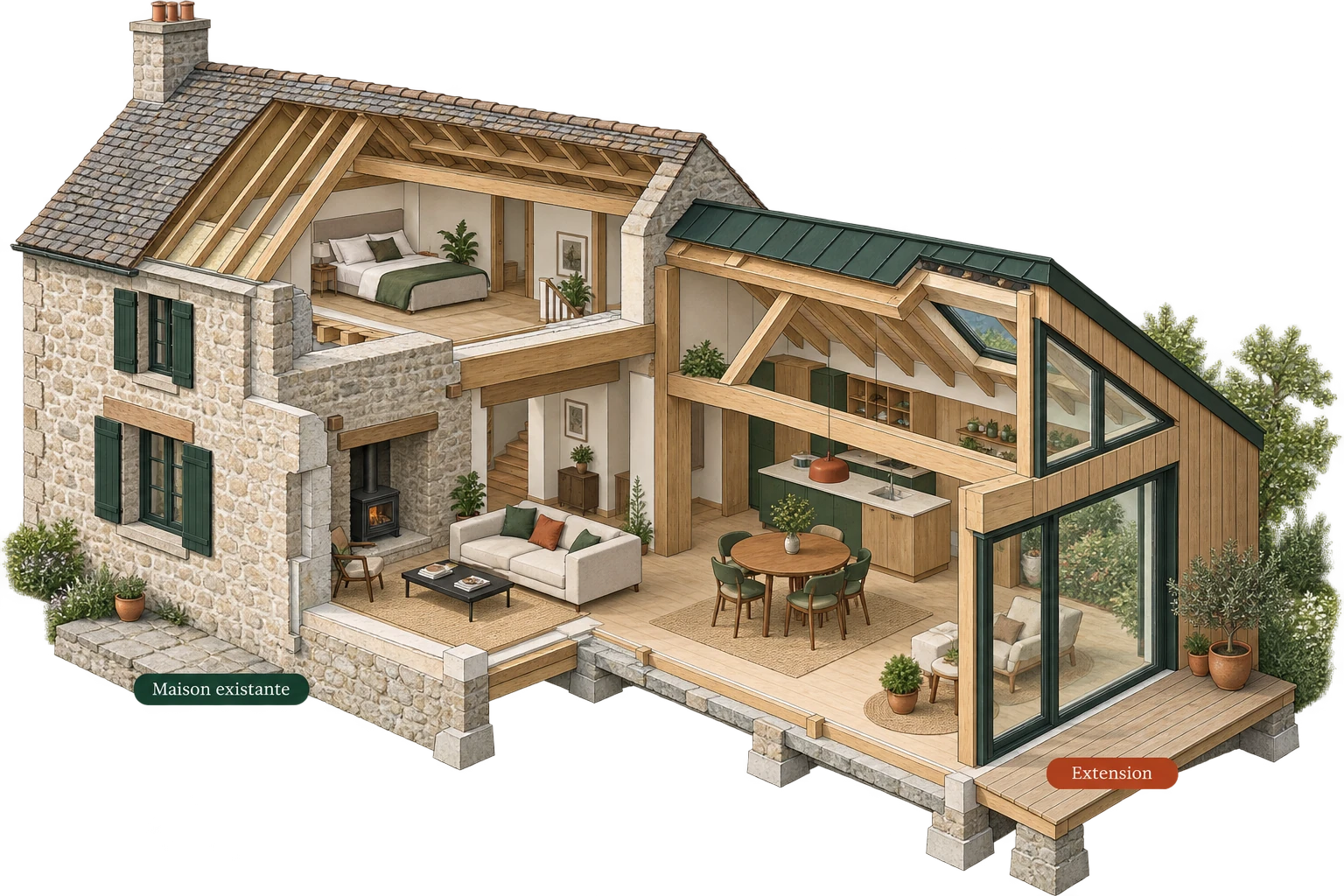 Vue architecturale en 3D : Un séjour ouvert sur le jardin