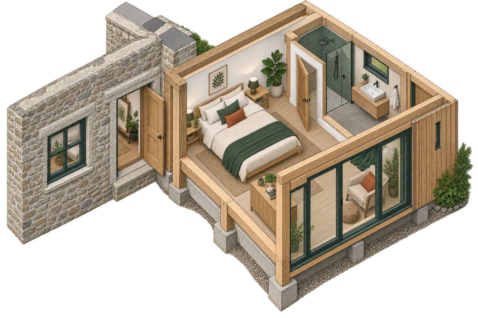 Vue architecturale en 3D : Une chambre au rez-de-chaussée
