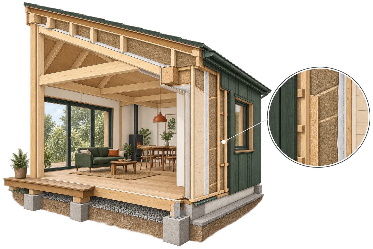 Vue architecturale en 3D : Panneaux de bois dans une paroi
