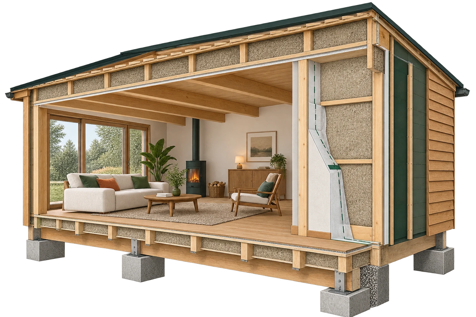 Vue architecturale en 3D : Panneaux de chanvre côté intérieur
