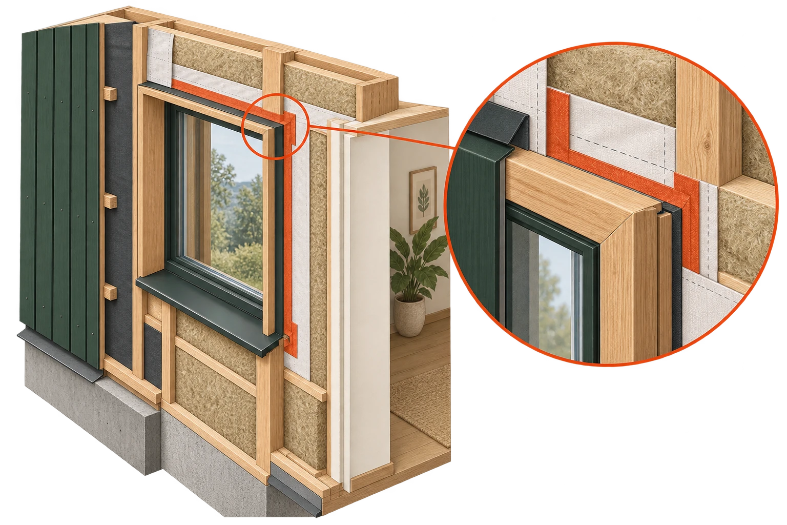 Vue architecturale en 3D : Raccord continu autour d’une fenêtre