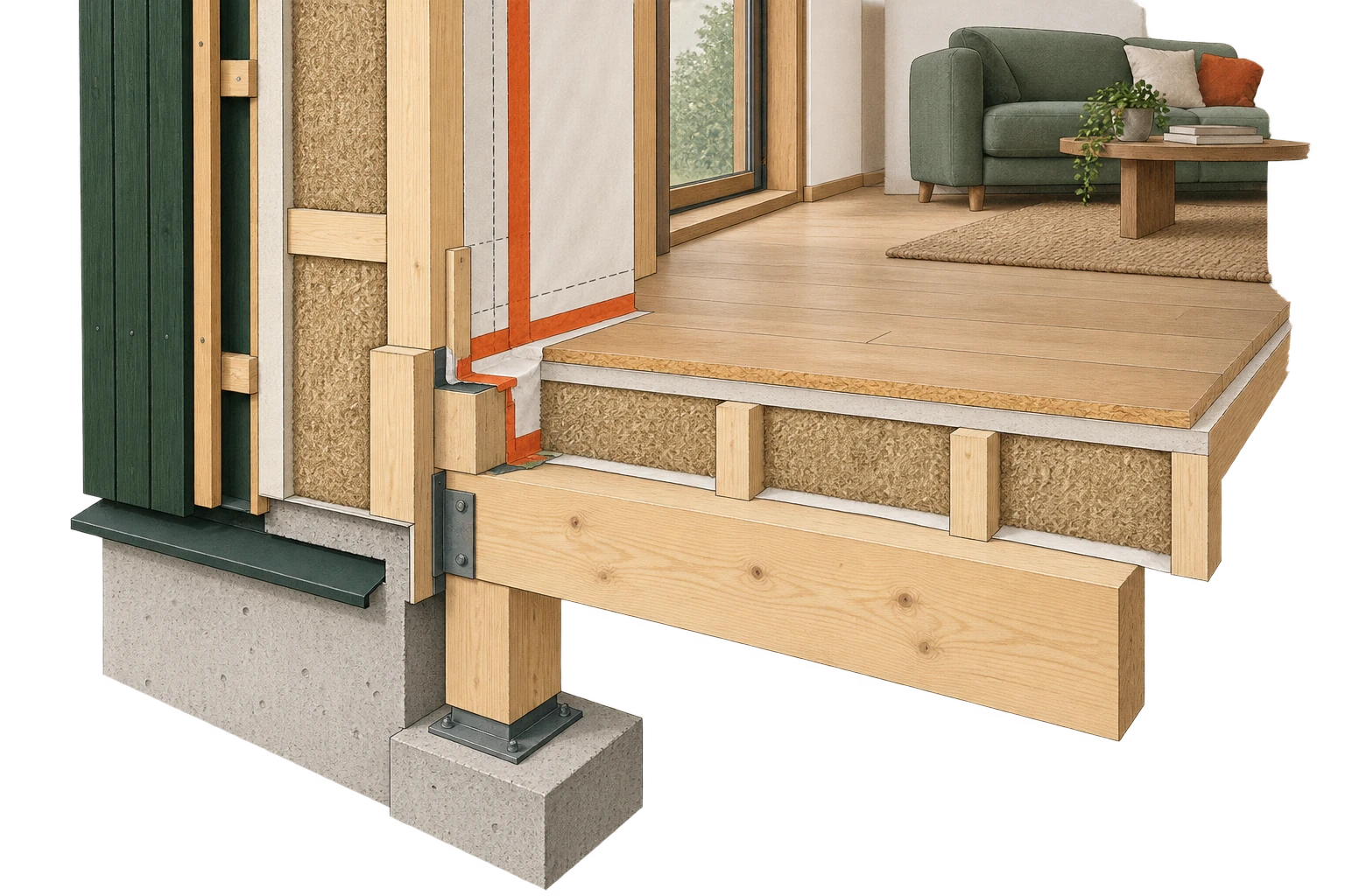 Vue architecturale en 3D : Jonction entre le mur et le plancher