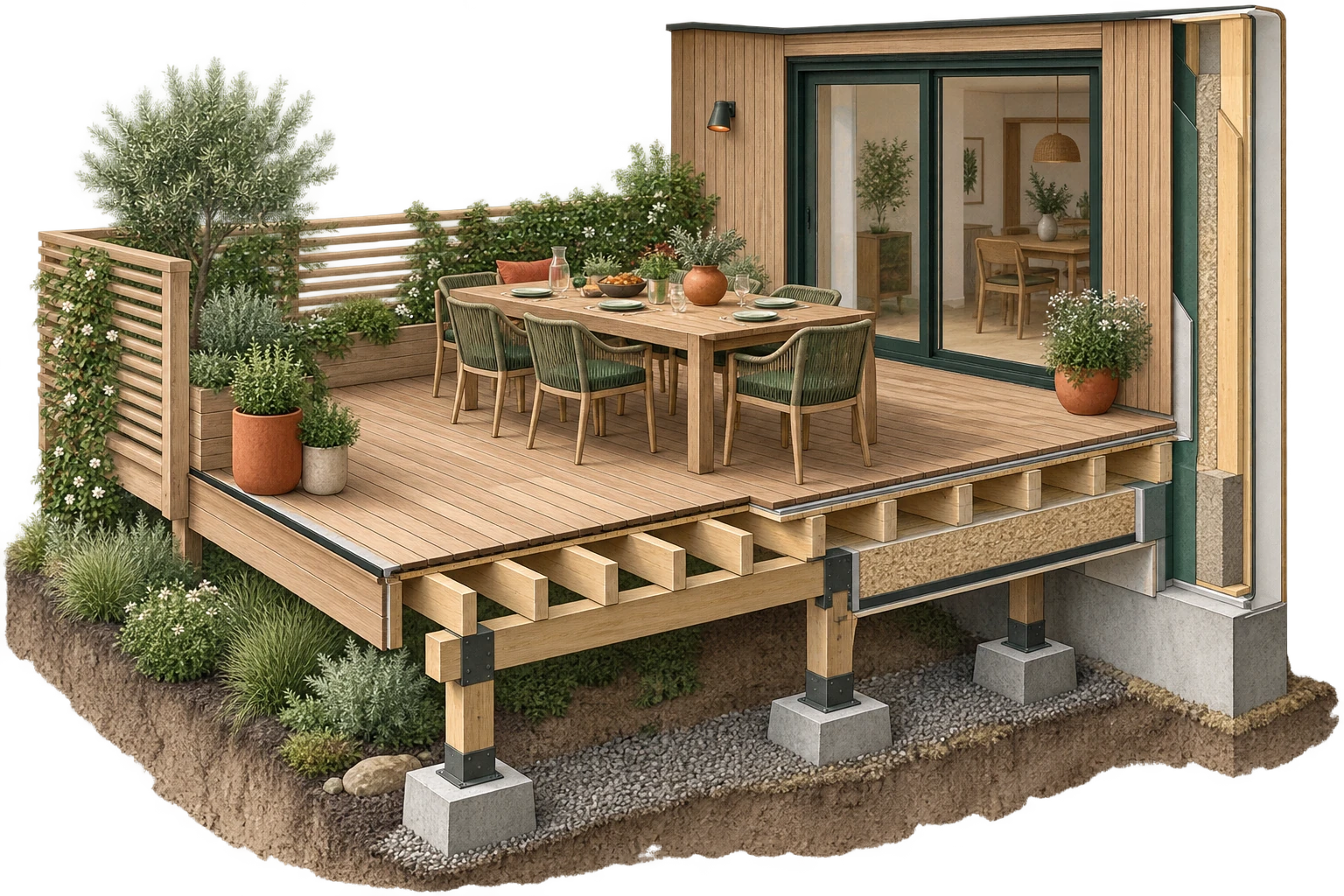Vue architecturale en 3D : La terrasse des repas partagés