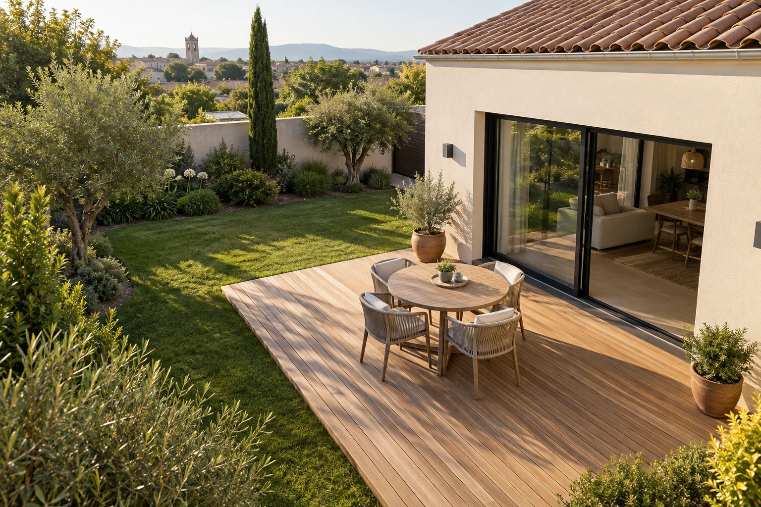 Projection du même jardin avec sa terrasse en bois