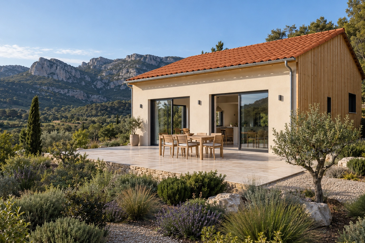 Maison contemporaine en enduit naturel et bardage bois, table de repas sur la terrasse dans les Corbières. Illustration d’inspiration.