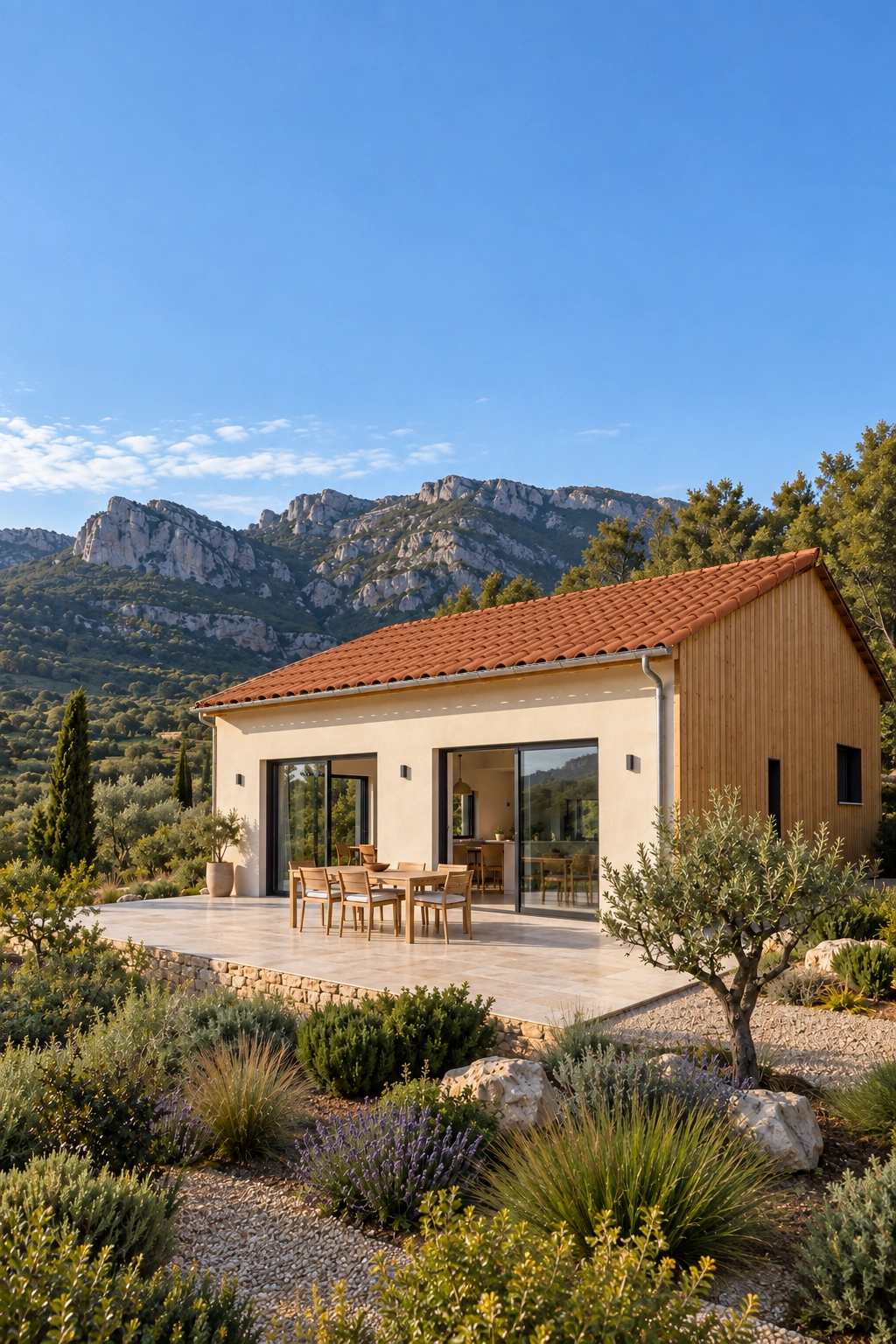 Maison contemporaine en enduit naturel et bardage bois, table de repas sur la terrasse dans les Corbières. Illustration d’inspiration.